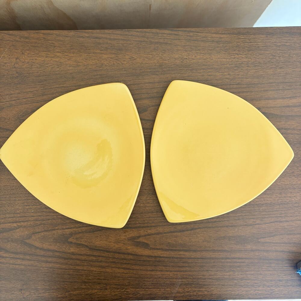 H.F. Coors Ceramic Triangle Plate Yellow 10" Set of 2 MCM Atomic Mid Century USA